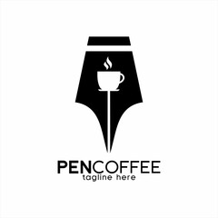 Pen logo design with a cup of coffee. Unique concept coffee cafe logo.