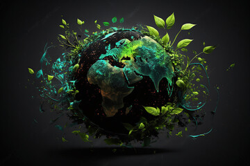World Earth Day, Globe with splash, levitation flowers and plants, Planet Earth a on black background, Environment conservation concept AI Generative