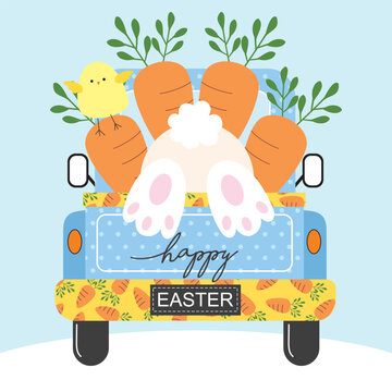 happy easter with bunny, carrot and chick on the car