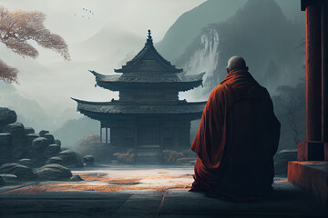 A monk meditating in front of a chinese temple, foggy mountains in the backgroun. Generative AI technology.