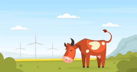 Brown Spotted Cow with Horns Grazing on Pasture with Green Grass Vector Illustration