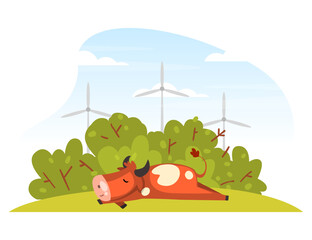 Brown Spotted Cow with Horns Lying on Pasture or Green Grass Vector Illustration
