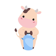 Cute happy baby cow with bucket of milk. Adorable farm animal character cartoon vector illustration
