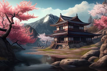 Tafelkleed Oriental landscape with japanese traditional building close to river and cloudy mountains in time of sakura blossom. Generative AI technology. © Oleksandr