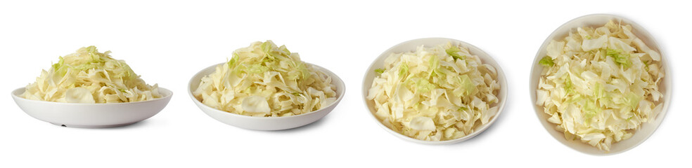 set of bowl or plate full of chopped green cabbage leaves, white and pale green highly nutritious and rich in fiber vegetable ready to cook, isolated in different angles