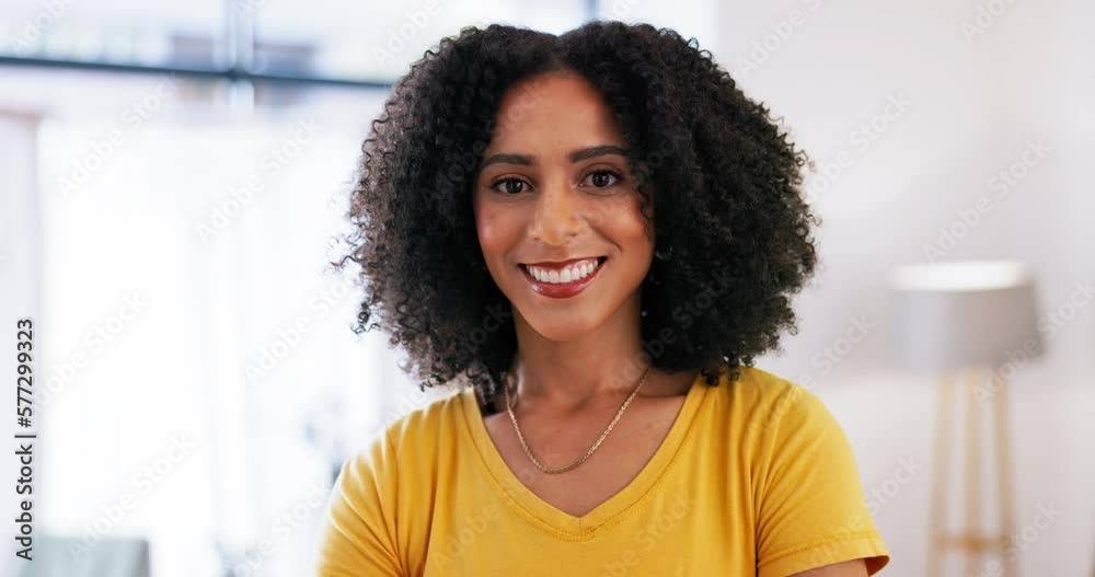 Wall mural Black woman, face and smile in startup office with happiness, leadership and confident with afro. Small business owner, young entrepreneur and gen z girl with happy, excited portrait and company goal