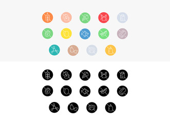 Vector line icons for various purposes like allergy symbols , Food allergy warning symbols, Food intolerance , Allergen-free , Allergy-friendly, Common allergen symbols andallergy alert.
