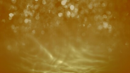 Abstract golden orange sparkling water bokeh glitter mock-up background. Concept 3D illustration for luxury showcase product packshot backplate. Elegant Festive holiday season backdrop template.