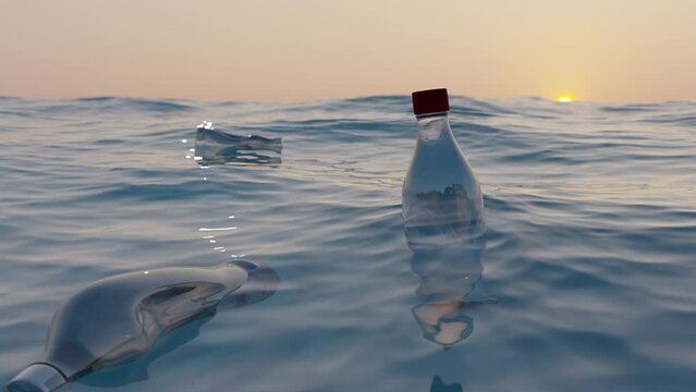 Seamless pattern of floating plastic bottles in the sea or ocean. Plastic waste water pollution.