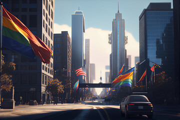 The streets of the city are hung with pride flags from all sides. AI
