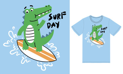 Cute alligator surfing illustration with tshirt design premium vector