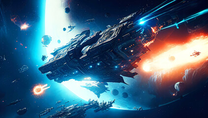 Fototapeta na wymiar Laser-Fueled Battle Amongst the Stars: Intergalactic Spaceships Clash in Epic Showdown. Generative ai