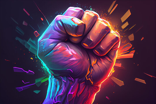 Rainbow clenched fist on a black background. Pride concept, AI