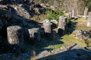 Granite roman milestones in Via XVIII, Roman road between Braga and Astorga. Baixa Limia-Serra do...