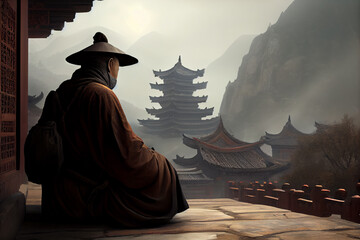 A monk meditating in front of a chinese temple, foggy mountains in the backgroun. Generative AI technology.