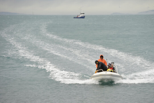 Passengers of the 58-foot Alaskan Seiner M/V Milo take a skiff to shore on Augustine Island in Cook Inlet, Alaska