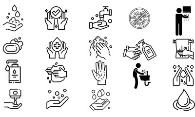 Set Simple Handwashing Related Vector Row Icons. Contains Icons such as Washing Instructions, Antiseptics, Soaps and more. Editable strokes. 