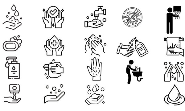 Set Simple Handwashing Related Vector Row Icons. Contains Icons Such As Washing Instructions, Antiseptics, Soaps And More. Editable Strokes. 