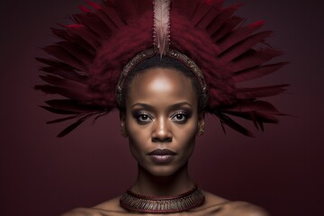 Hübsche junge Afrikaner Frau mit tollem Make-Up und Federn Kopfschmuck Porträt, ai generativ