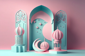 3D modern Islamic holiday banner features an Eid Mubarak message in a sky blue and bubblegum pink monotone design with a Ramadan lantern, metal moon, and mosque portal. Generative Ai
