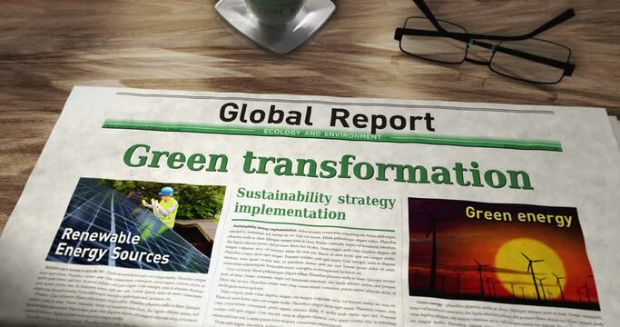 Green transformation ecology environment and sustainable economy daily newspaper on table. Headlines news abstract concept 3d.