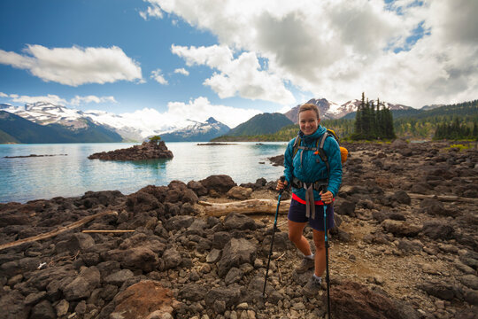 Hiking near the Battleship Islands at Garibaldi Lake in Garibaldi Provincial Park, British Columbia, Canada.