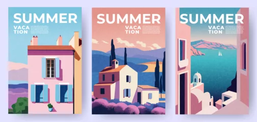 Tuinposter Summer nature landscape poster, cover, card set with sea view, summer fields, houses, mountains and typography design. Summer holidays, vacation travel in Europe illustrations. © Tanya