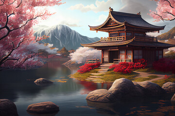 Beautiful Japonese garden with cherry blossom, sakura, with water lake and japonese houses.  Generative AI technology.