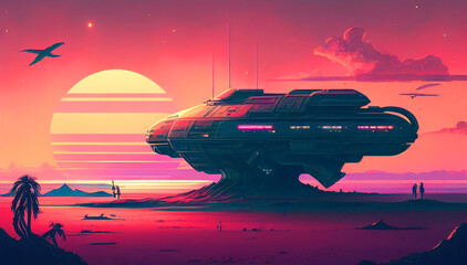 Retro-Futuristic Spacecraft: A Neon Synthwave Spacecraft illustration. Nostalgia. Generative ai