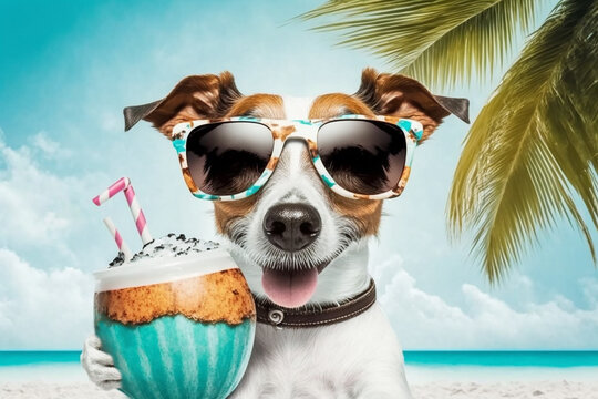 Cute dog - jack Russell terrier, enjoying on the beach with a coconut drink. Generative Ai
