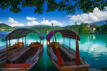 TraditionalÂ pletnaÂ boats on Lake Bled in SloveniaÂ 