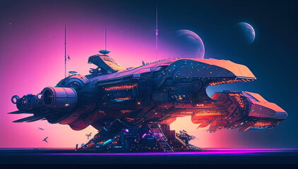 Retro-Futuristic Spacecraft: A Neon Synthwave Spacecraft illustration. Nostalgia. Generative ai