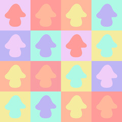 pattern, background with pink, yellow, blue squares and mushrooms in hippie style