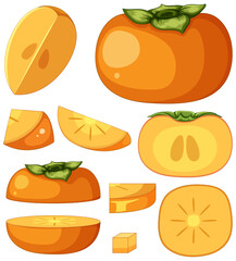 Persimmon in whole and sliced pieces