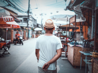 Obraz premium Asian Man walk in Thai market 