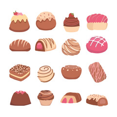 Set of chocolate desserts from boxes for special holidays, valentine day, for a lunch snack or coffee break. Vector Illustration