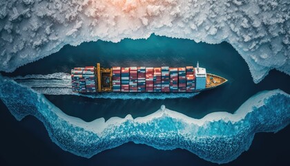 Frozen Ocean Freight Logistics - Container Ship Transporting Cargo Amid Supply Chain Challenges. Generative ai illustration - obrazy, fototapety, plakaty