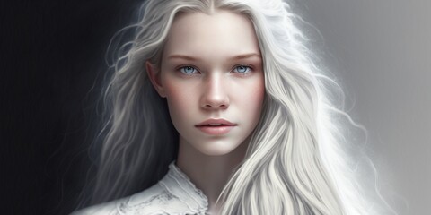 Hübsches Top Model mit weißen Haaren und schönes Make-Up im Porträt Studio für Beauty Aufnahmen, ai generativ