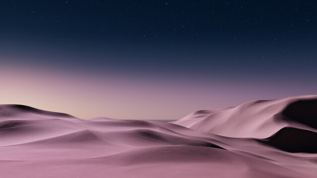 Desert Landscape with Sand Dunes and Pink Lavender Gradient Starry Sky. Empty Contemporary Wallpaper.
