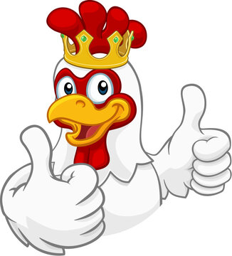 A chicken rooster cockerel bird cartoon character in a kings gold crown giving a double thumbs up