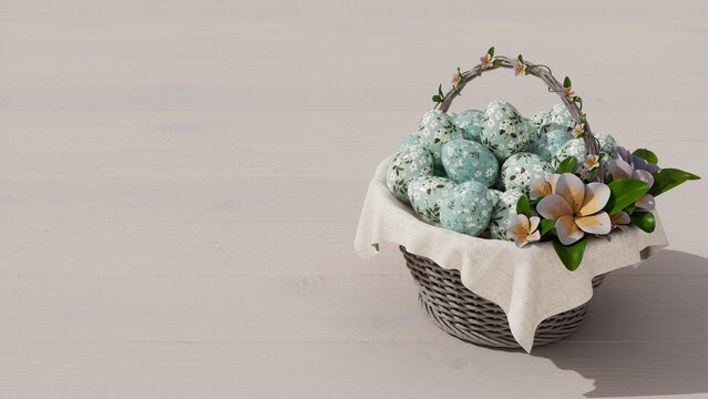 Basket of Eggs on White Wood floor with copy-space. Painted Easter Eggs with Flowers.