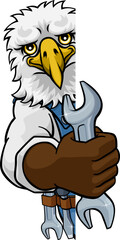 An eagle cartoon animal mascot plumber, mechanic or handyman builder construction maintenance contractor peeking around a sign holding a spanner or wrench