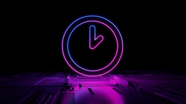 Pink and Blue Time Technology Concept with clock symbol as a neon light. Vibrant colored icon, on a black background with high tech floor. 3D Render