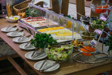 buffet for breakfast in a restaurant, hotel