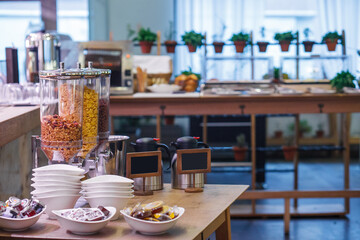 buffet for breakfast in a restaurant, hotel