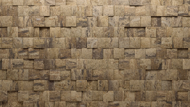 Natural Stone, Square Wall background with tiles. Semigloss, tile Wallpaper with 3D, Polished blocks. 3D Render