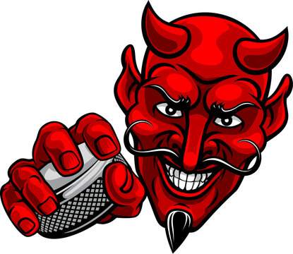 A devil or satan ice hockey sports mascot cartoon character holding a puck
