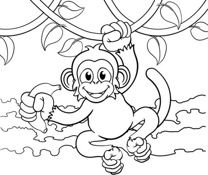 A monkey cartoon character singing on jungle vines with banana