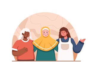 Illustration depicting a group of women from diverse races, ethnicities, skin tones, and cultures coming together in a friendly and welcoming manner. The women are shown wearing a variety of outfit.
