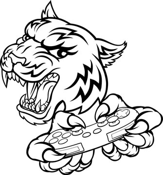 A tiger gamer player cartoon animal sports mascot holding a video game controller in its claw